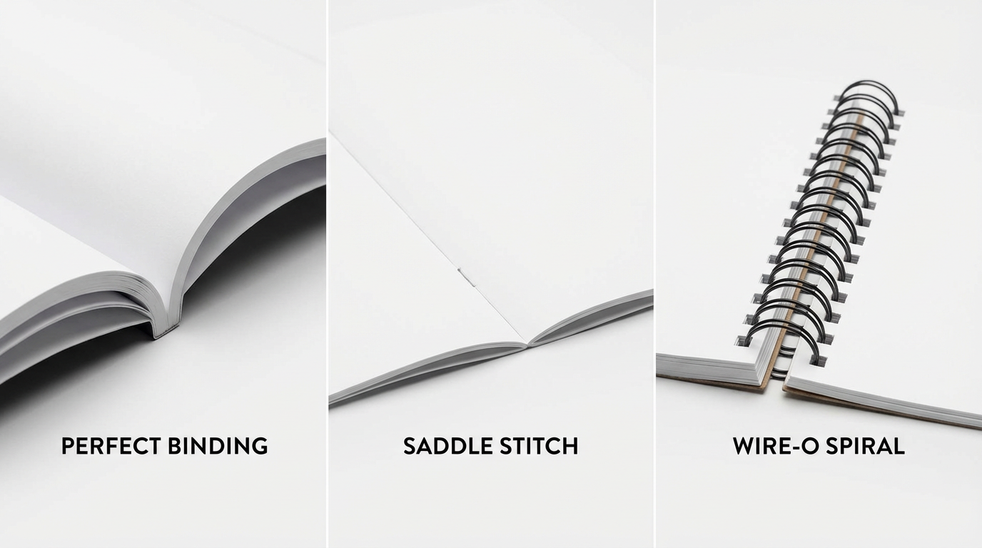 Perfect Binding vs Saddle Stitch vs Wire-O: How Binding Method Affects Page-Lay-Flat Performance in Corporate Notebooks (And Why Spine Strength Isn't the Only Variable That Matters)