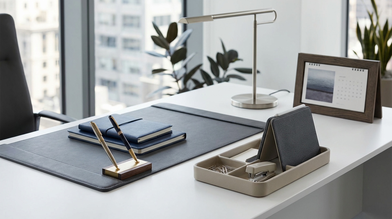 Premium corporate stationery products including pens, notebooks and desk accessories displayed on modern office desk