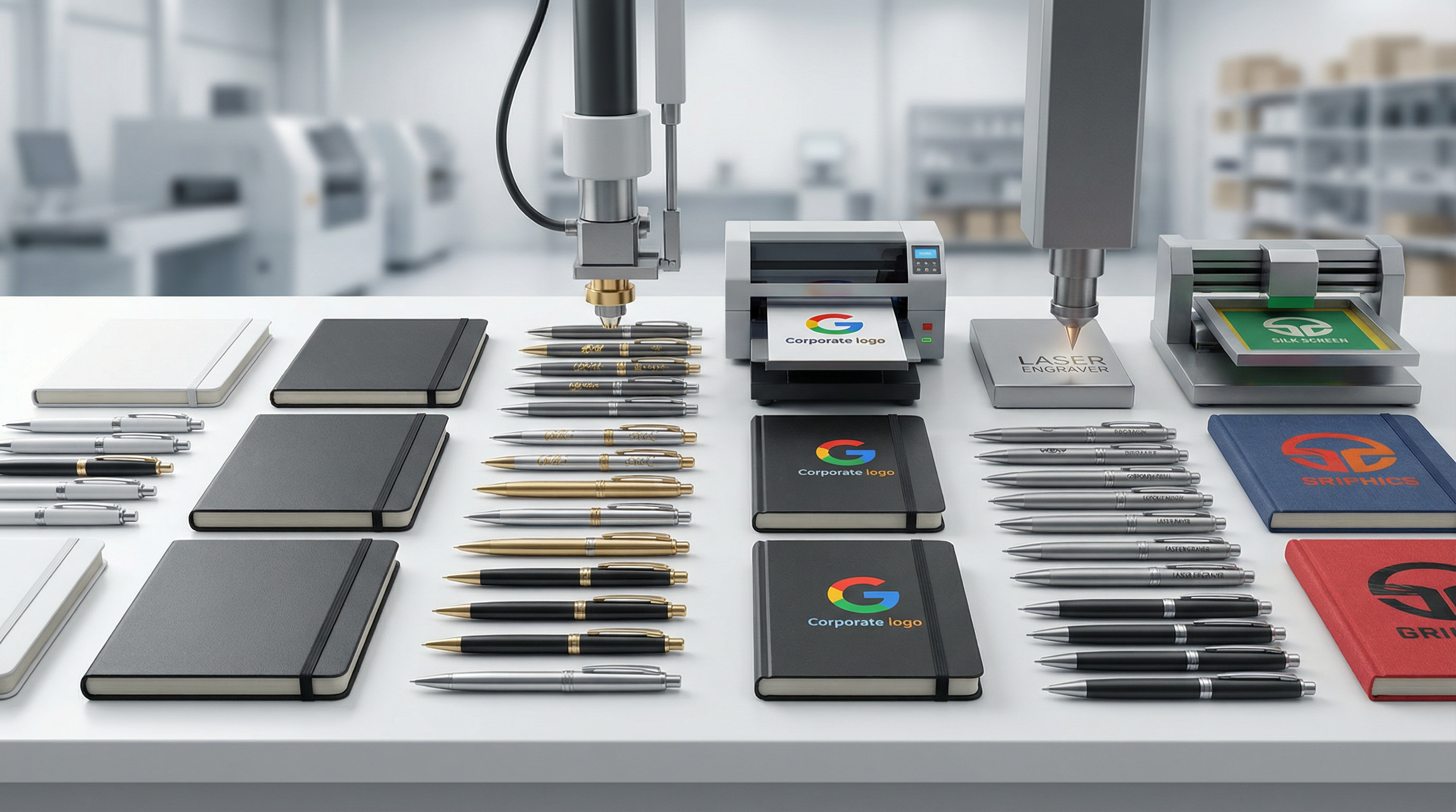 Corporate stationery customization process showing various logo printing methods including hot foil stamping, UV printing, laser engraving, and screen printing