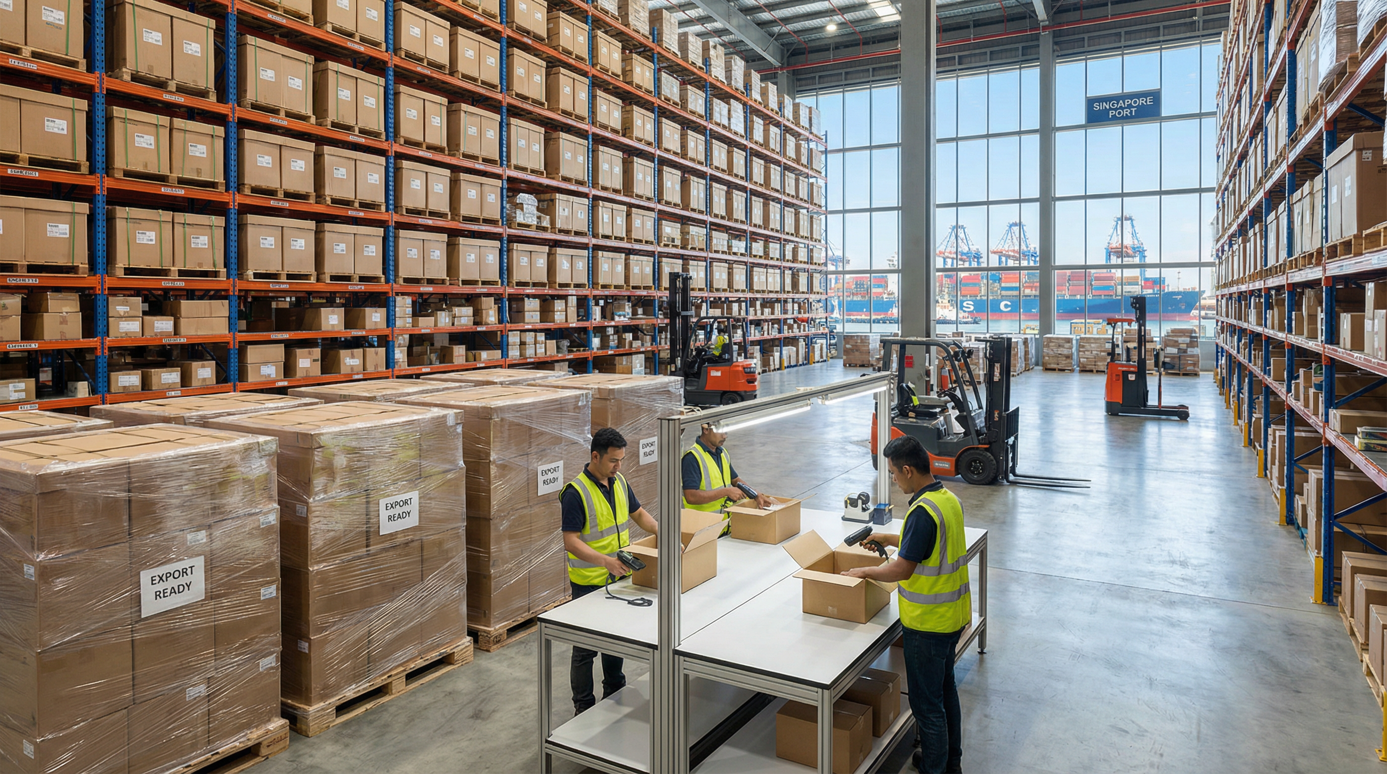 Modern logistics warehouse facility showing corporate stationery bulk packaging and shipping preparation with Singapore port visible in background