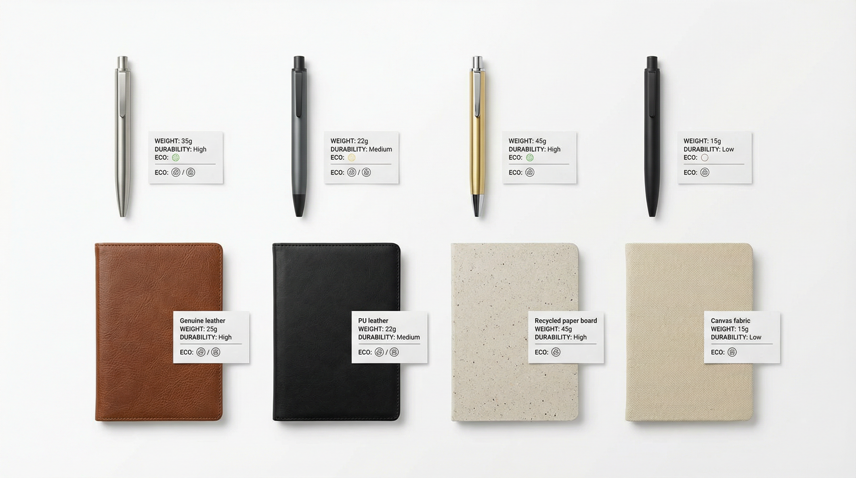 Material specification comparison showing different pen barrel materials and notebook cover options with durability and eco-certification ratings